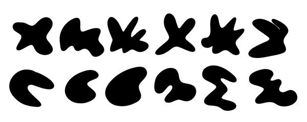Fototapeta premium Organic spot set. Organic abstract random irregular shapes, stone or black blobs. Abstract pebble nature silhouettes, blotch inkblot. Simple liquid splodge elements water forms. Vector minimal bubble.