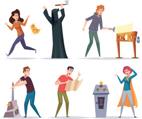 Quest games. Various situations and characters players in quest room exact vector cartoon templates