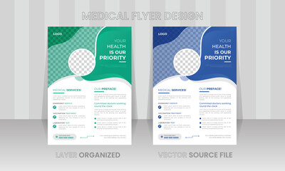 Creative healthcare brochure cover with doctor. Flyer design medical concept for clinic with unique layout, elegant and trendy gradient color banner poster design