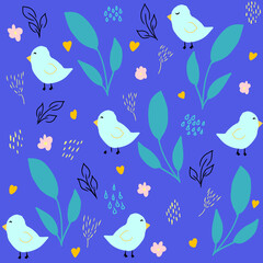 Fototapeta na wymiar Seamless pattern with hand drawn birds,flowers and abstract elements,spring clipart,botanical illustration for wrapping and textile,minimalist print,abstract floral motif for kids fashion,home decor