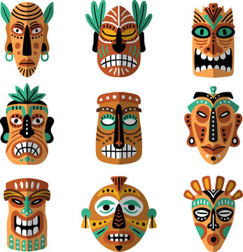 Mask totems. Hawaii authentic tribal masks mythological totems recent vector cartoon templates