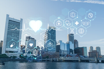 Panorama city view of Boston Harbor at day time, Massachusetts. Buildings of financial downtown. Glowing healthcare digital medicine icons. The concept of treatment from disease, Threat of pandemic