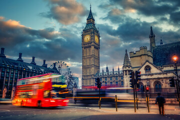 Double-decker bus and Big Ben in London at dusk