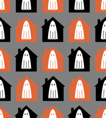 House with ghosts Pattern seamless. ghost in home Background. Halloween texture