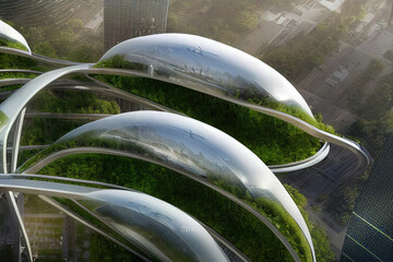 futuristic city skyline, organic design, train station, skyscraper, parks, green environment, concept art illustration