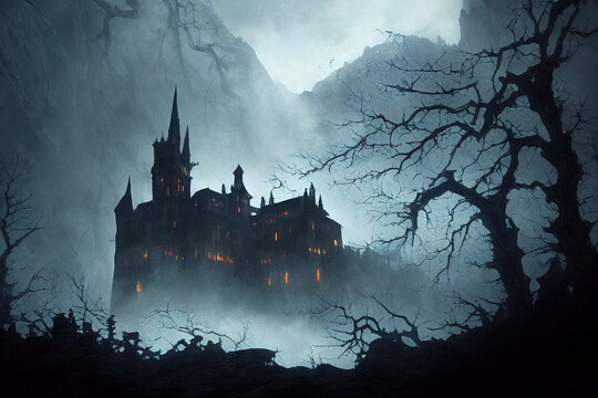 Background for a scary fairy tale background, a dark gothic castle in a dark dead valley, some kind of gray place in a gloomy area of a mountainous region.