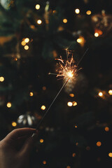 Hand holding firework against christmas tree lights in dark room. Happy New Year! Merry Christmas!...