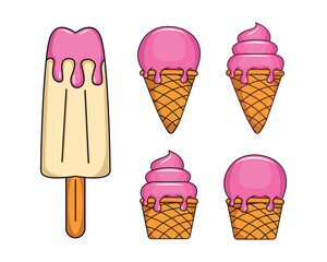Cute ice creams set, sweet sundaes, gelato, ice cream cone, kulfi, sherbet,  sorbet, soft serve, ice popsicle vector illustration for web, design, print.