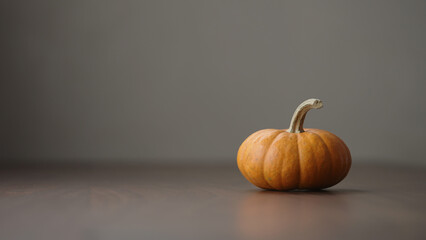 small orange pumpkin on walnut table with white and