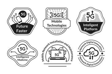 5G technology monochrome emblem line art vector illustration. Global internet connection provider