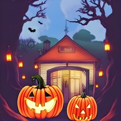 Halloween fantasy houses cute lighting 3d illustration, high quality
