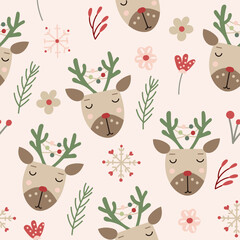 Fototapeta premium Christmas Seamless Pattern design with reindeers and florals. Vector illustration.