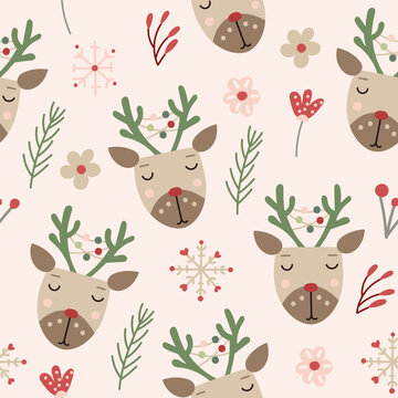 Christmas Seamless Pattern design with reindeers and florals. Vector illustration.
