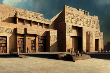 Ancient fundamental majestic Egyptian library, ancient books, papyri, temple of knowledge, history of Ancient Egypt. 3D illustration