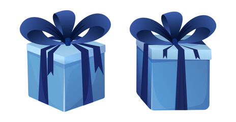 Gift box cartoon of presents packaging. Gift box and present bag with ribbon bow.	