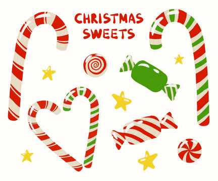 Christmas sweets and candies hand drawn illustrations. Variety of candies icons with oil paints texture. Xmas set