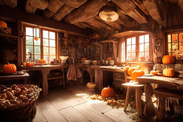 Happy thanksgiving, happy halloween Cozy rustic wooden log cabin house interior autumn harvest, pumpkins, warm lights