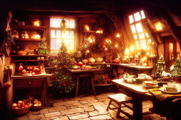 Fototapeta na wymiar Cozy rustic wooden log cabin house interior, christmas decoration, candles, warm lights, merry christmas