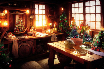 Fototapeta premium Cozy rustic wooden log cabin house interior, christmas decoration, candles, warm lights, merry christmas