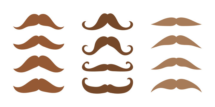 Vector set of gentelman brown mustaches illustration. Photo prop elements, male mustache for masquerade, carnival or party. Collection of men's mustache silhouettes.