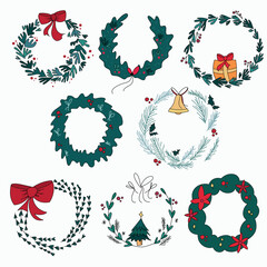 Set of Christmas pine wreaths, mistletoe, winter plants vector illustration.
