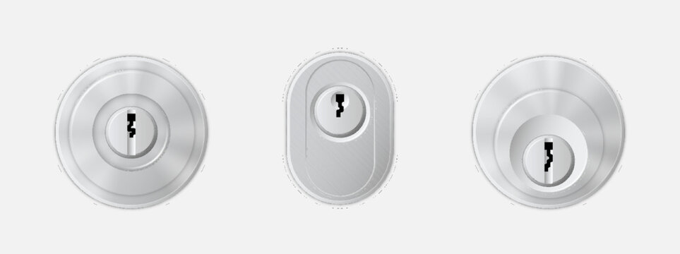 Metal Keyholes For Secure Door Lock, Realistic Set Isolated. Silver Or Chrome Key Holes For Padlocks