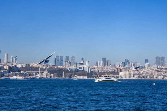 Bosphorus and skyscrapers in the background, view of the Bosphorus and skyscrapers, historical peninsula