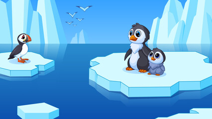 Cute penguins float on ice in ocean. Winter landscape, South Pole and iced rocks. Wild birds floating in water, vector childish cartoon book illustration or game landscape