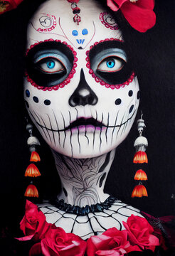 La Huesuda Catrina de d&iacute;a de muertos. Retrato de catrina. Mujer con maquillaje de catrina. D&iacute;a de muertos