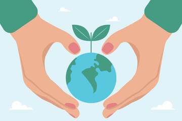 World concept of ecological safety, care and support. Hands holding a green world. Save the world, peace or ecology. Environmental Protection.