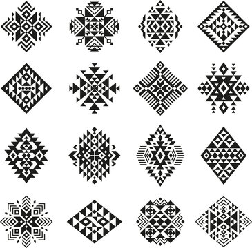 Aztec ethnic ornaments, boho tattoo template collection. Navajo, mexico traditional motif. Isolated tidy tribal geometric vector design elements