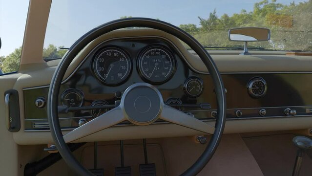Realistic Interior of a retro beautiful car: wheel, dashboard. Design. Abstract old fashioned passenger expensive vehicle.