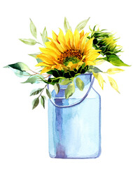 Fototapeta na wymiar Rustic metallic can with sunflowers bouquet - watercolor illustration. Hello Autumn hand drawn illustration isolated on white background. Picture for a postcard, souvenir, decor, logo, branding. 