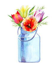 Rustic metallic can with tulip flowers - watercolor illustration. Hello Spring hand drawn illustration isolated on white background. Picture for a postcard, souvenir, decor, logo, branding. 