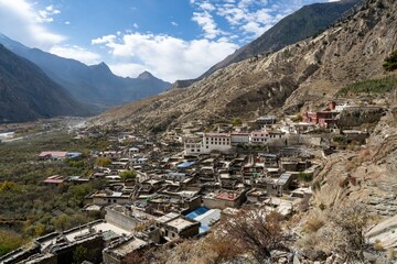City on the mountainside with the mesmerizing landscape, Marpha in Mustang, Nepal