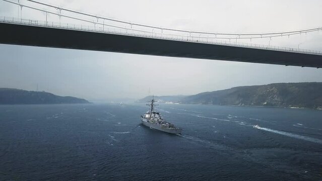 A guided missile destroyer underway Istanbul bound after operations in the Black Sea. One of several NATO ships that have held a rotational presence in the Blacksea
