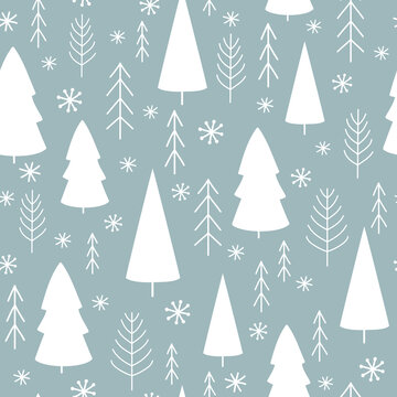 Winter seamless pattern with Christmas trees and snowflakes. Vector illustration. It can be used for wallpapers, wrapping, cards, patterns for clothes and other.