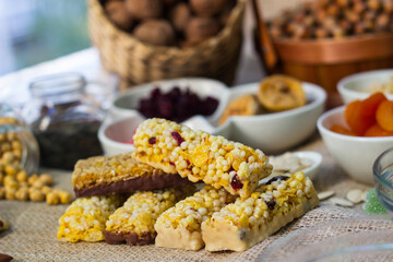 Bar with granola, dried fruits and nuts