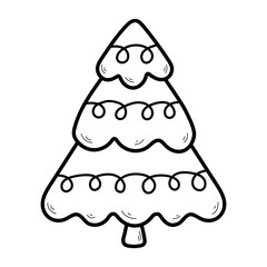 Cute Christmas tree in doodle sketch style. New Year decorative element. Vector illustration isolated on white background.