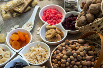 Bar with granola, dried fruits and nuts