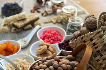 Bar with granola, dried fruits and nuts