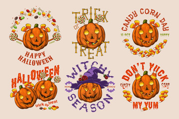 Set of halloween labels with sweets, candy corn, bones, witch hat, text, pumpkins like human characters such as happy kids and funny witch. Colorful emblems in vintage style on white background