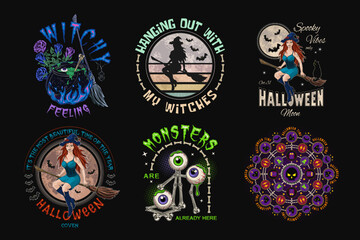 Set of halloween vintage labels with beautiful witch, bones, roses, cauldron, full moon, broomstick, monsters, eyeballs, text. Bright colorful creative illustrations