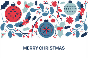 Merry chrismas vector banner in red and blue colors with text and decaration elements mistletoe,poinsettia,branches,balls etc