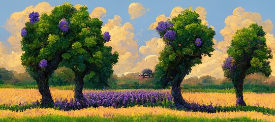 Beautiful serene countryside scene - Lush organic green grass, vibrant lavender spring colors. Old apple trees and gorgeous epic background late afternoon clouds. Rural pastel stylized illustration