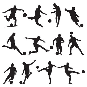 collection of silhouettes soccer players kicking the ball