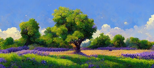Fototapeta na wymiar Beautiful serene countryside scene - Lush organic green grass, vibrant lavender spring colors. Old apple trees and gorgeous epic background late afternoon clouds. Rural pastel stylized illustration