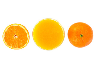 Glass of fresh orange juice and half of cutted orange fruit and whole fruit isolated png