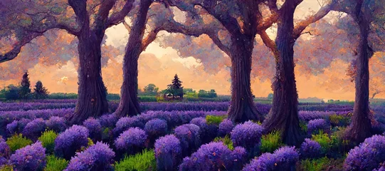 Rolgordijnen Beautiful serene countryside scene - Lush organic green grass, vibrant lavender spring colors. Purple tree leaves and gorgeous epic background late afternoon clouds. Rural pastel stylized illustration © SoulMyst
