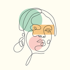 Woman face one line style. Hand drawing concept. Abstract geometric figure background. One line art. Vector illustrations design